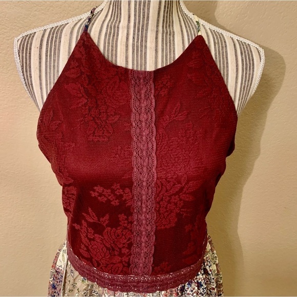 Doe & Rae Mini Dress Large Burgundy Floral Lace Patchwork Skirt Ivory Boho Flowy - Picture 2 of 16